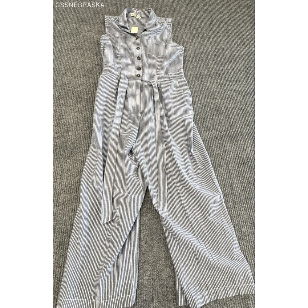 Japna Blue White Womens Striped Wide Leg Jumpsuit Belted Sleeveless Cotton - S